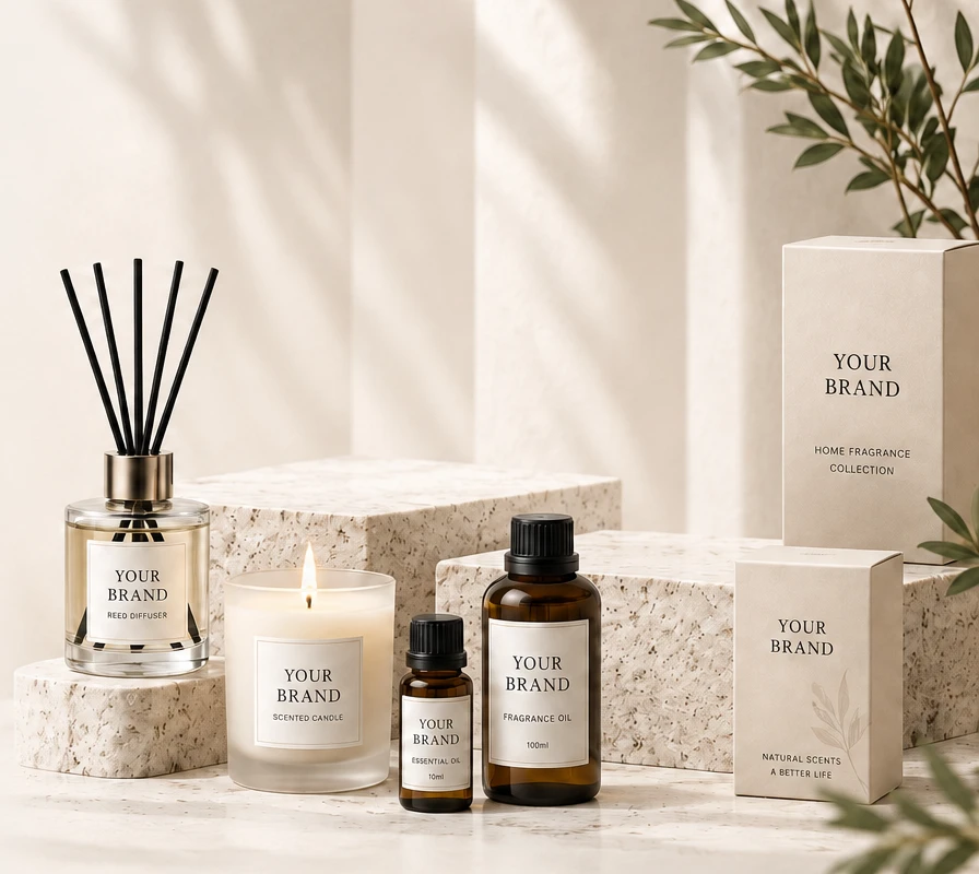 Private label presentation with reed diffuser, candle, amber oil bottles and YOUR BRAND boxes on travertine plinths