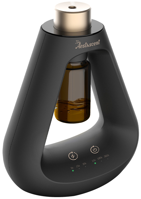 Real black triangular waterless diffuser with gold top, original controls and visible amber bottle