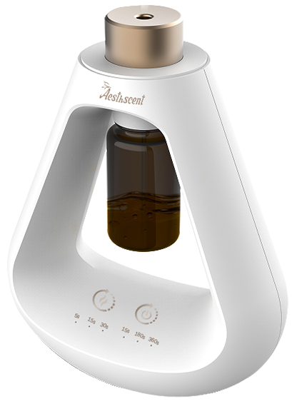 Real white triangular waterless diffuser with gold top, original controls and visible amber bottle