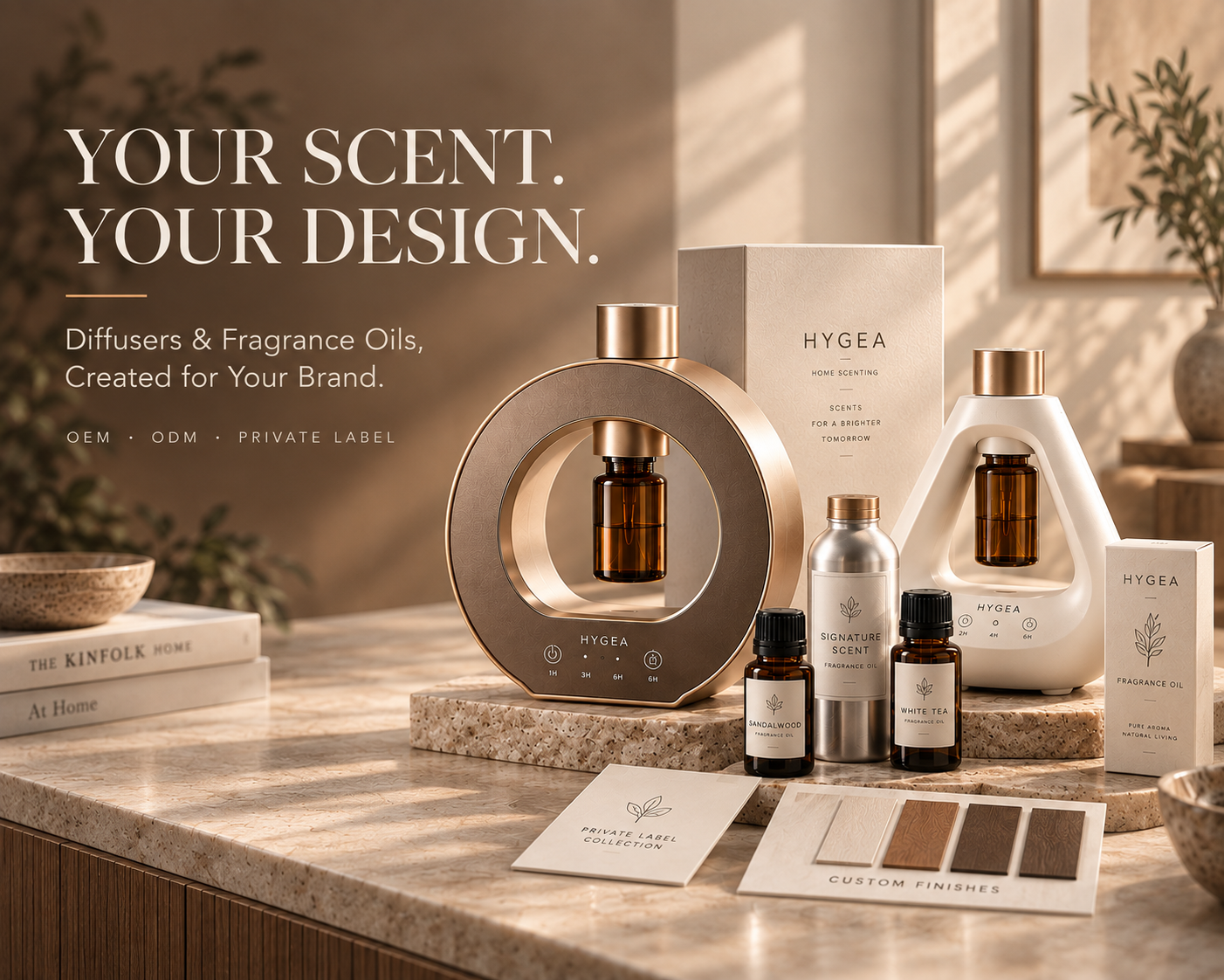 YOUR SCENT. YOUR DESIGN. Diffusers and fragrance oils created for your brand, with circular and white aroma diffusers and private label packaging
