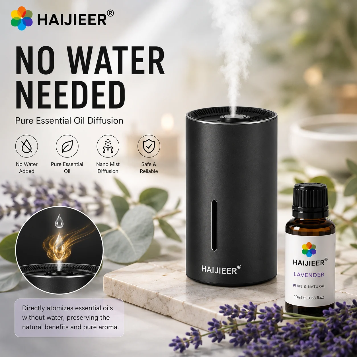 Black cylindrical diffuser beside an oil bottle