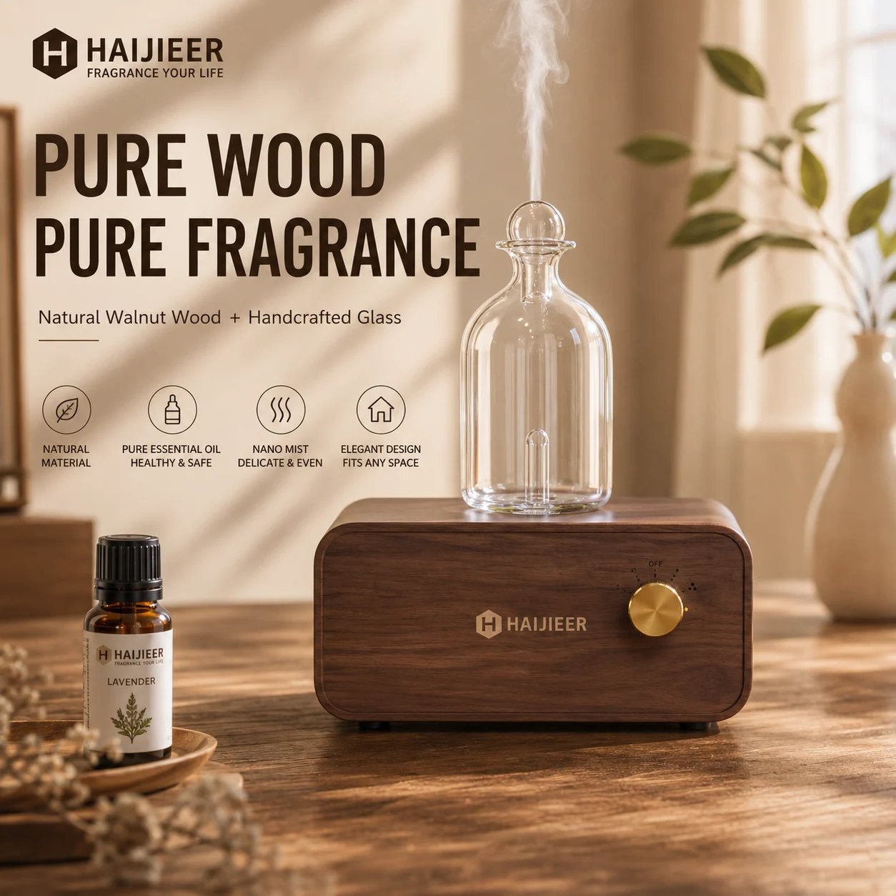Wooden base with bell-shaped glass diffuser
