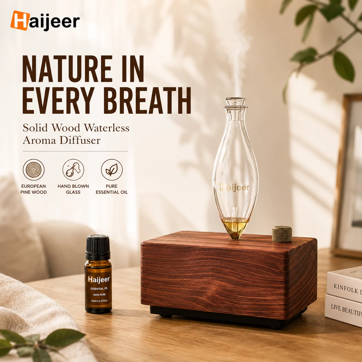 Rectangular wood base with tall glass diffuser
