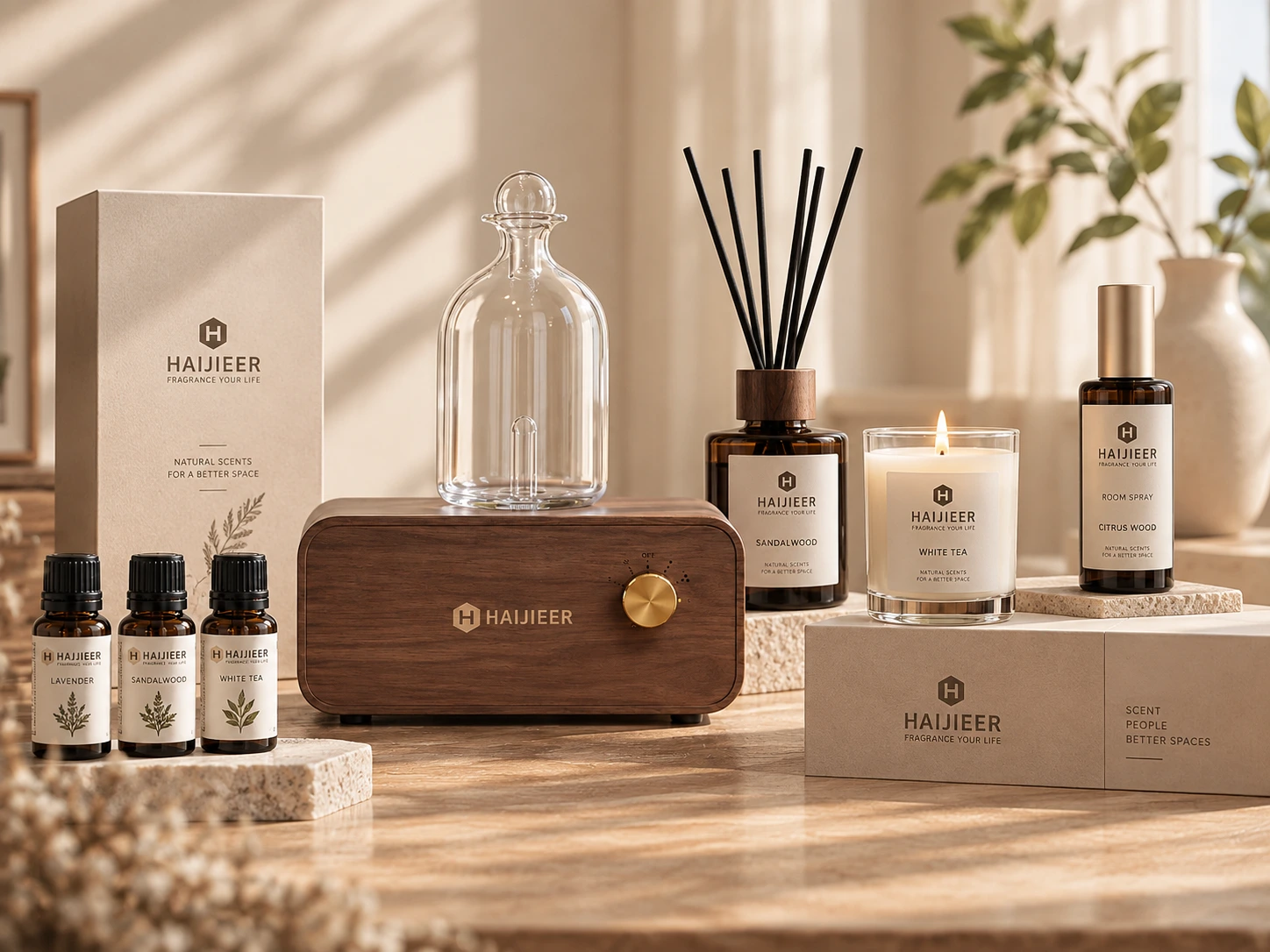 Wooden aroma diffuser with glass dome, fragrance oils, reed diffuser, candle and private label packaging