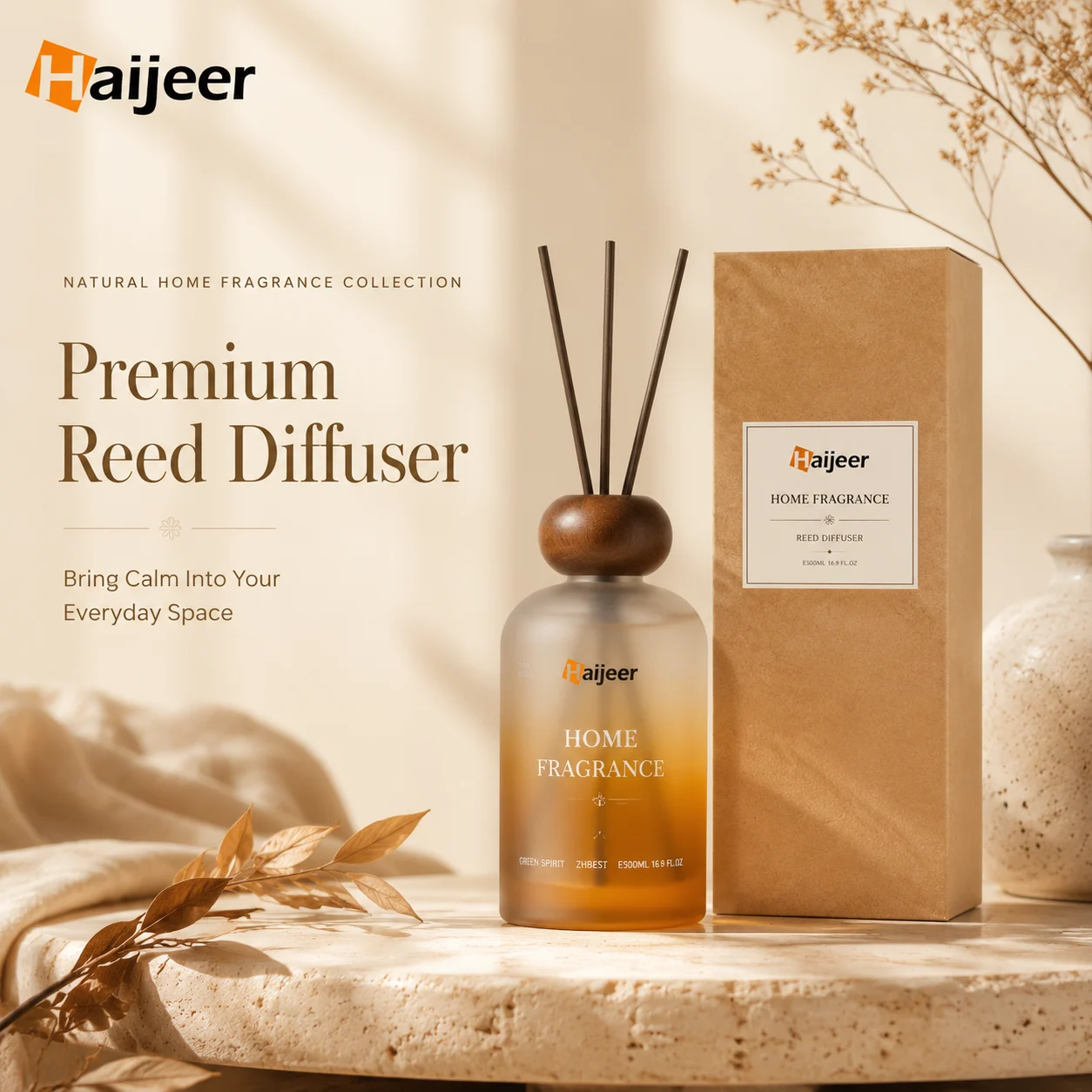 Amber reed diffuser bottle beside a kraft carton