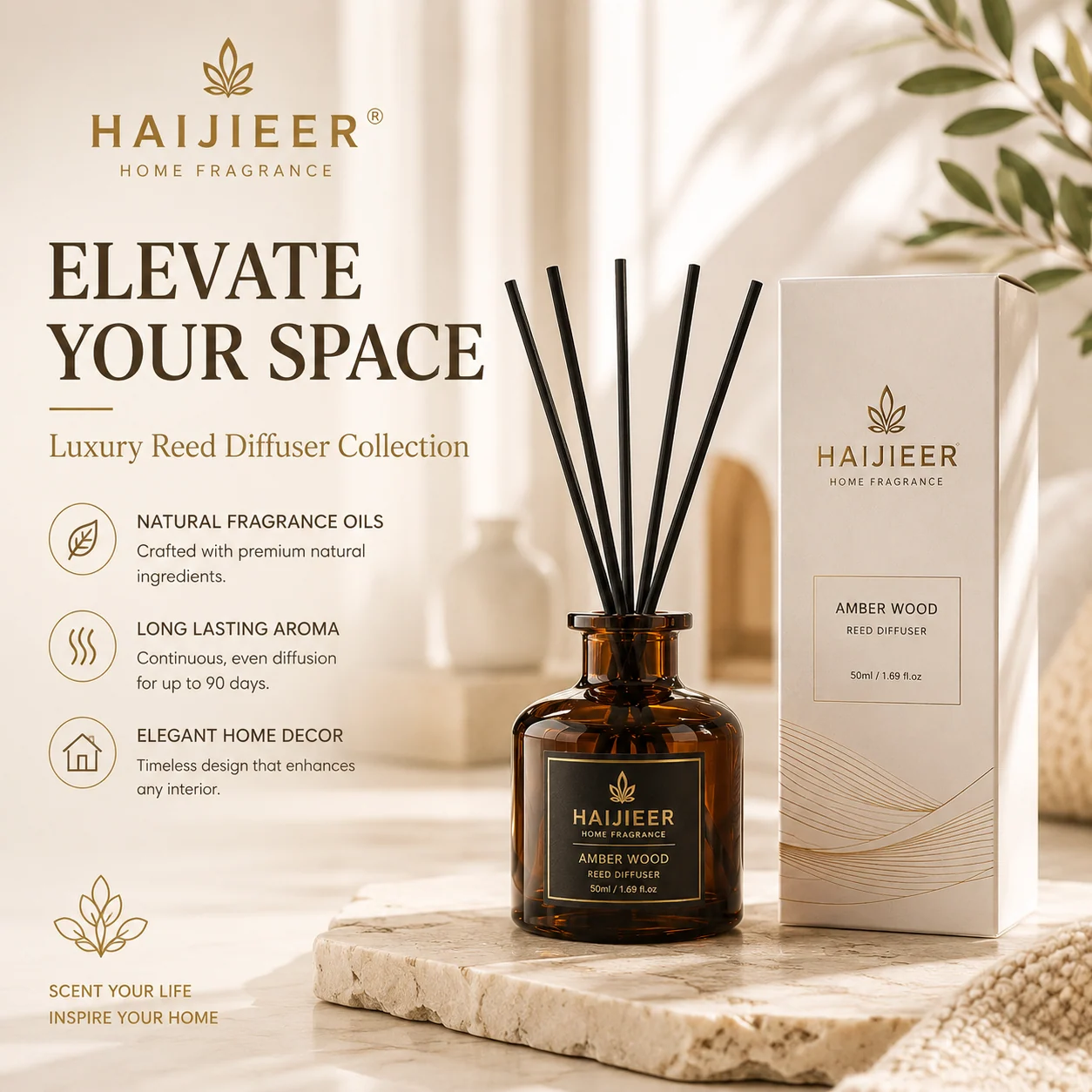 Dark glass reed diffuser with black reeds and carton