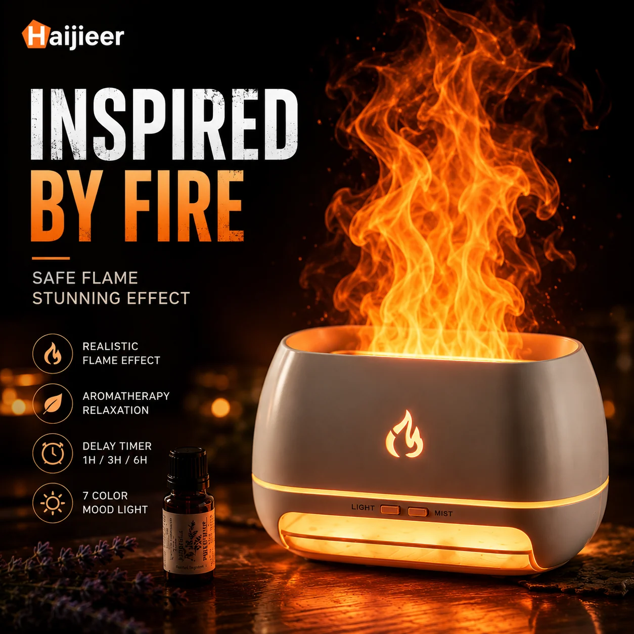 Black rounded diffuser with illustrated flame effect