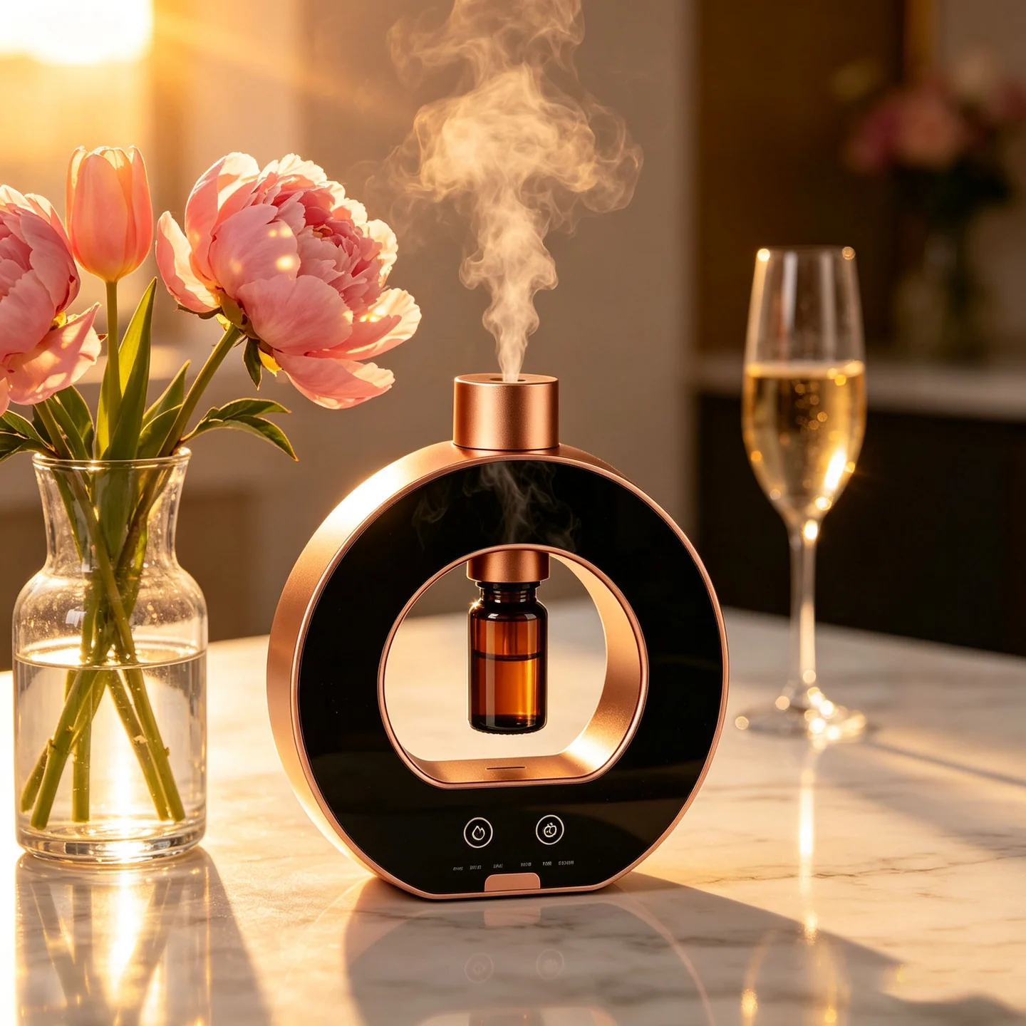 Circular black diffuser on a tabletop