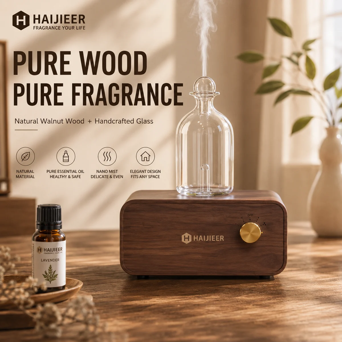 HH-AM02 — Walnut-finish single-product hero presentation