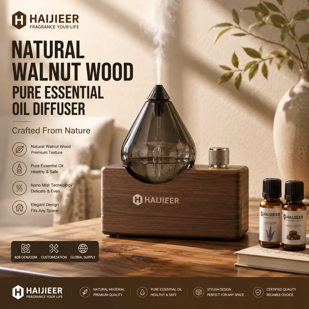 HH-AM04 Wood & Glass Drop Nebulizing Diffuser — supplied product presentation
