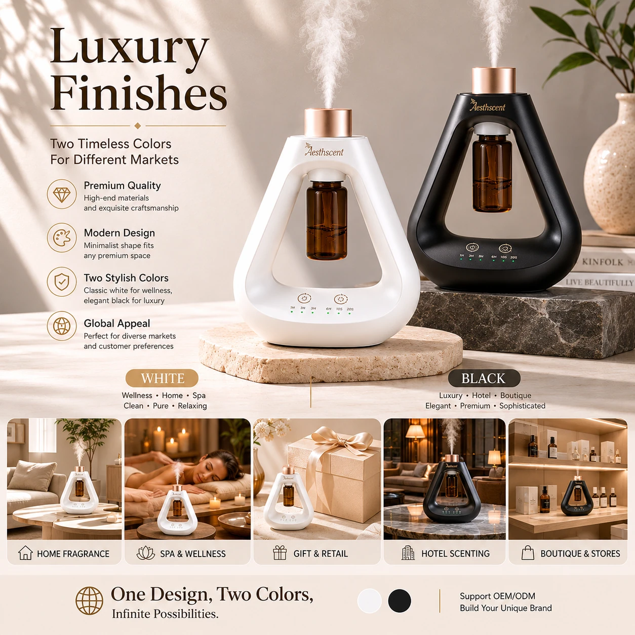 HH-D01 waterless scent diffusers in black and white finishes