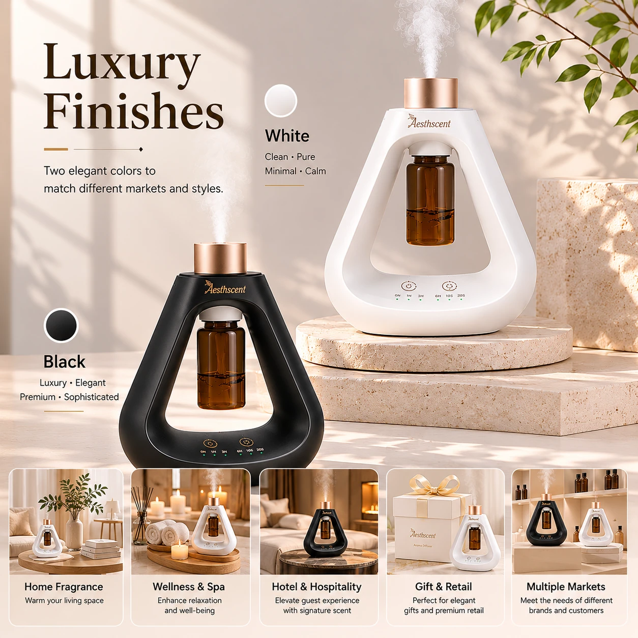 Black and white HH-D01 aroma diffusers with home and hospitality application examples