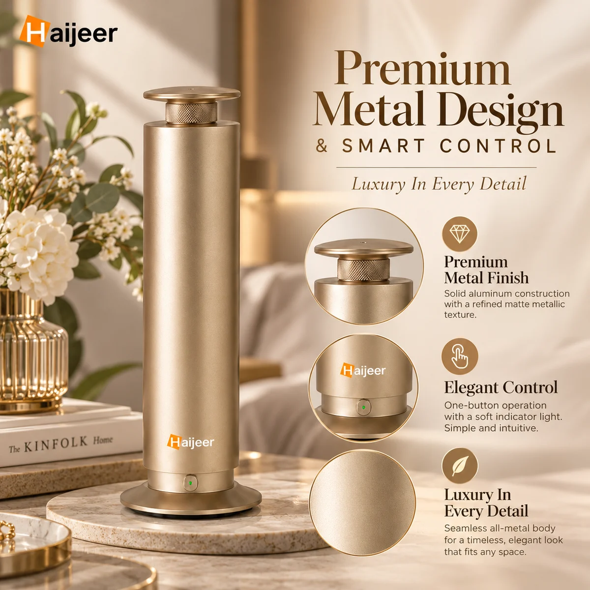 HH-T01 — Gold tower hero with finish and control details
