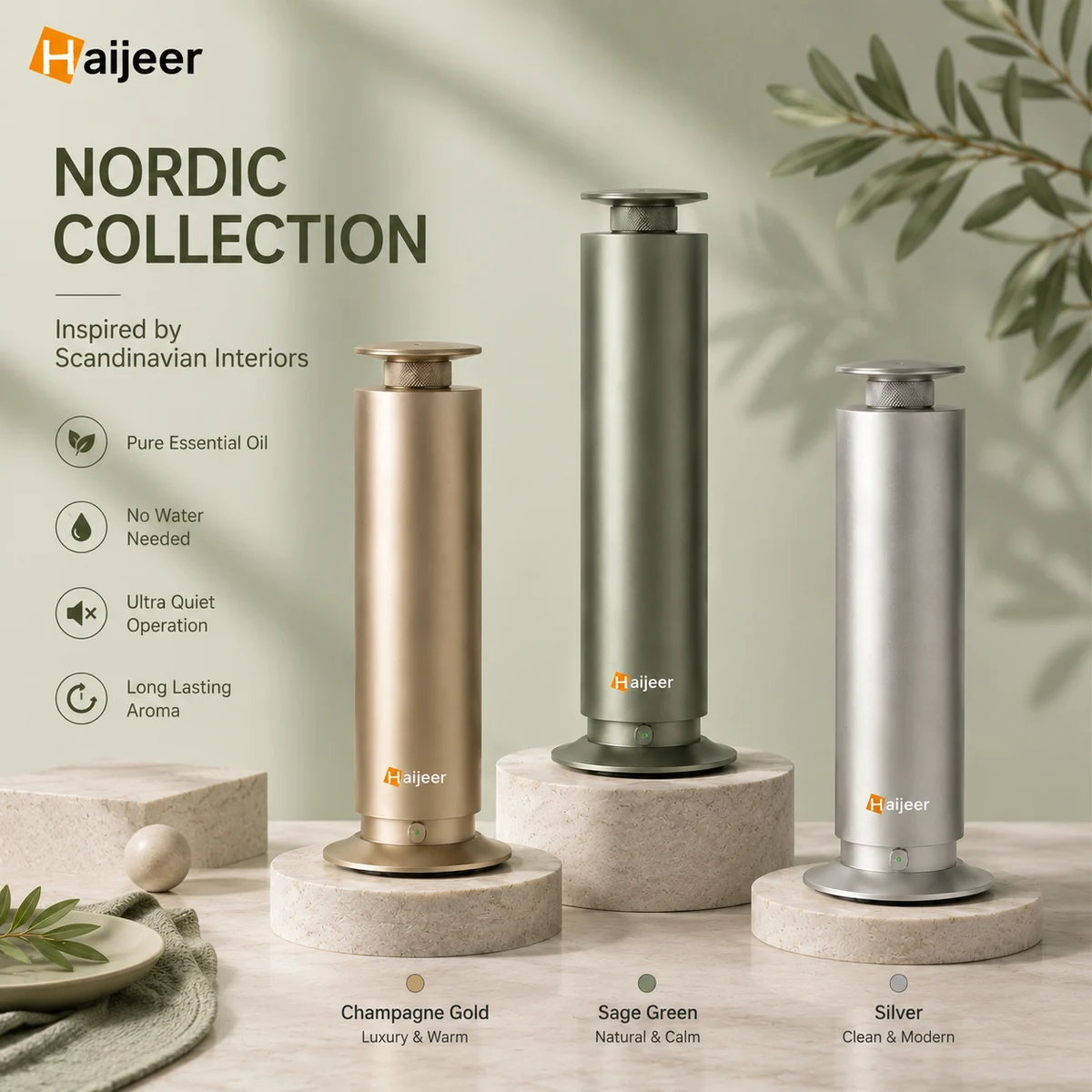 HH-T01 — Nordic-style gold, sage and silver finish presentation